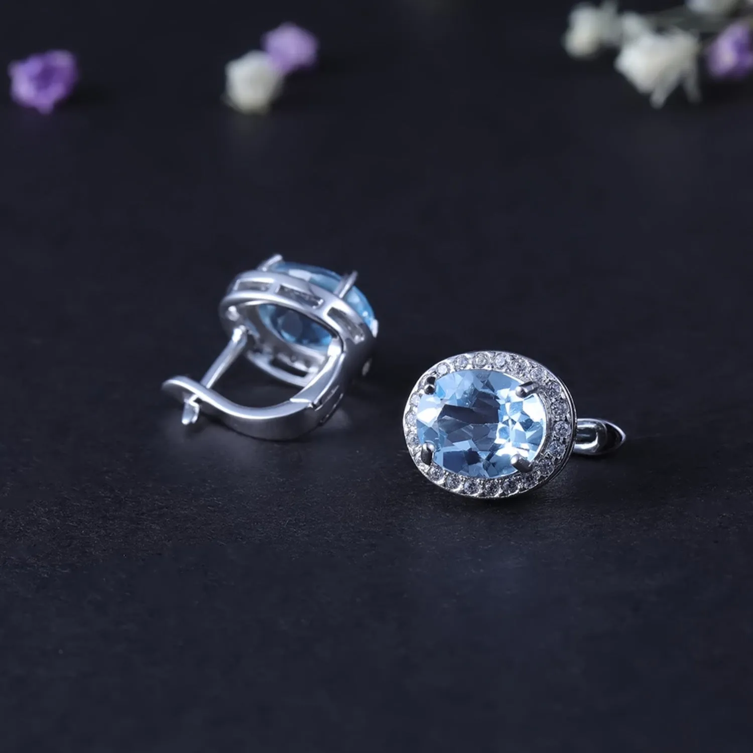 Natural Topaz Soleste Halo Oval Silver Studs for Women