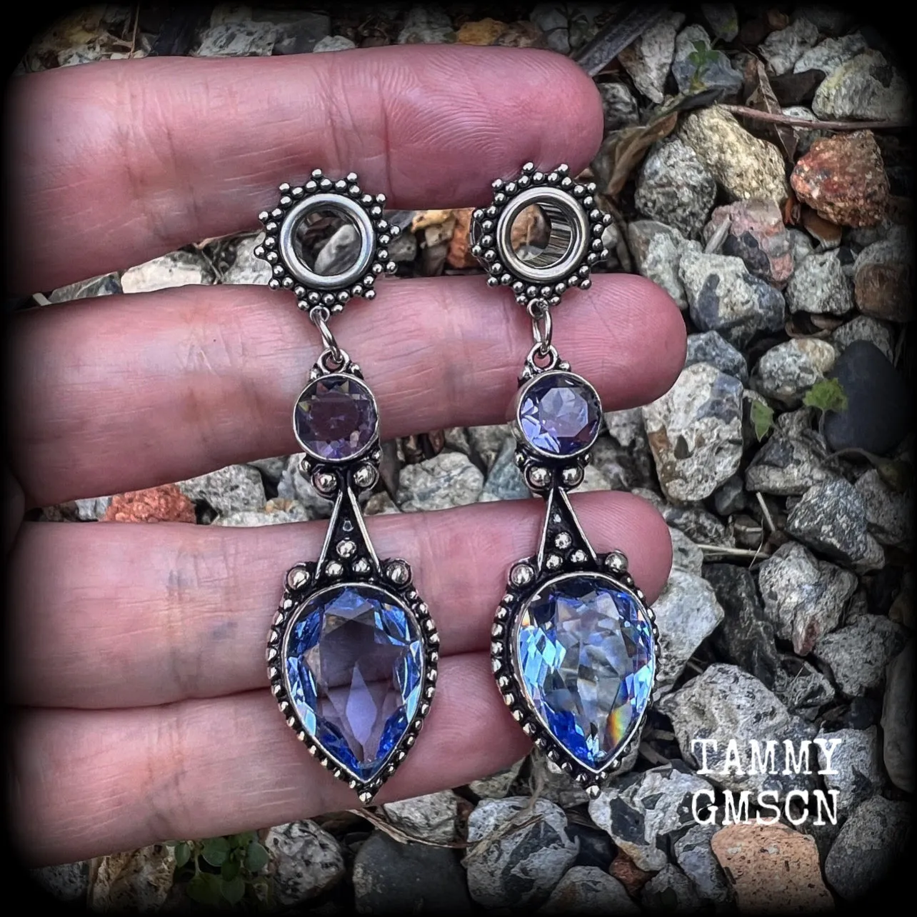 Ornate gemstone tunnel earrings-Blue topaz tunnel dangles