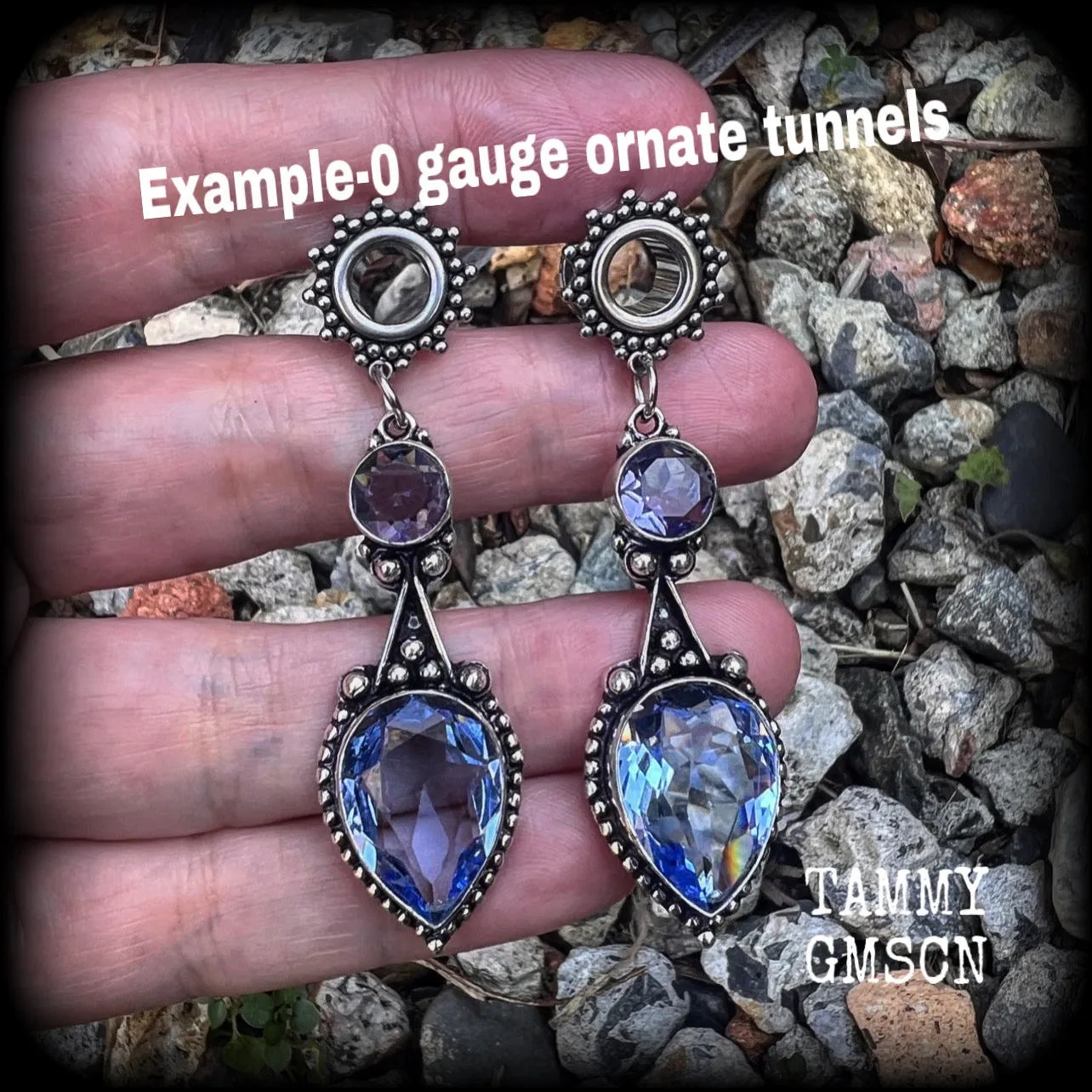 Ornate gemstone tunnel earrings-Blue topaz tunnel dangles