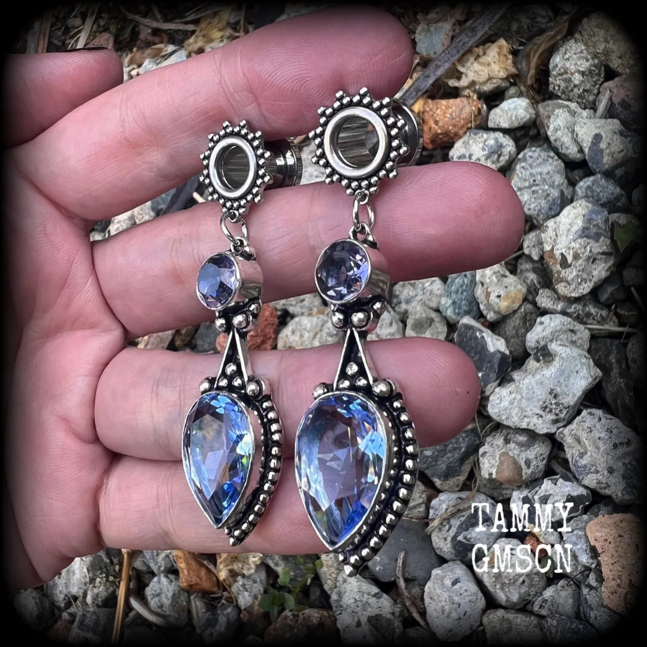 Ornate gemstone tunnel earrings-Blue topaz tunnel dangles