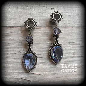 Ornate gemstone tunnel earrings-Blue topaz tunnel dangles