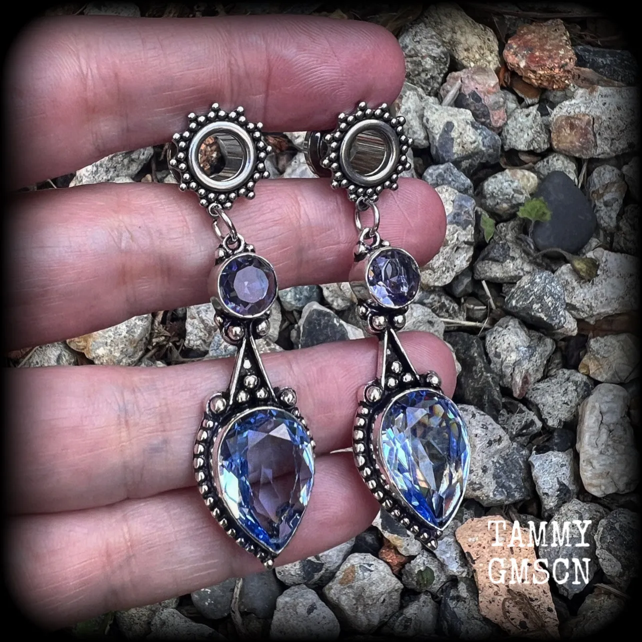 Ornate gemstone tunnel earrings-Blue topaz tunnel dangles