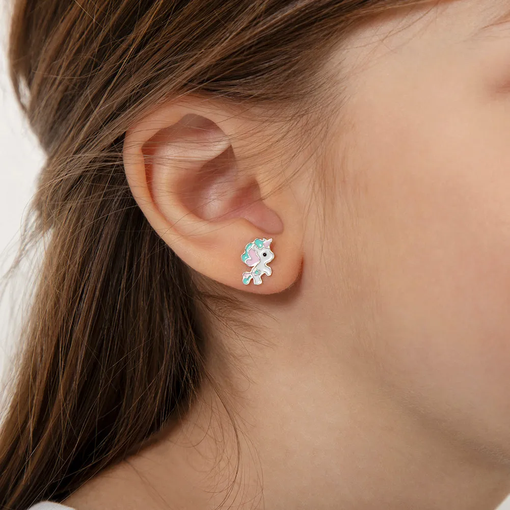 Pastel Enamel Unicorn Kids / Children's / Girls Earrings Enamel - Sterling Silver