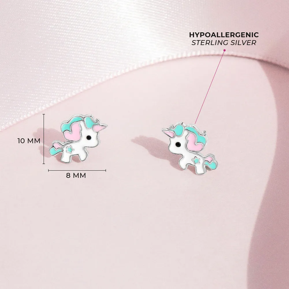 Pastel Enamel Unicorn Kids / Children's / Girls Earrings Enamel - Sterling Silver