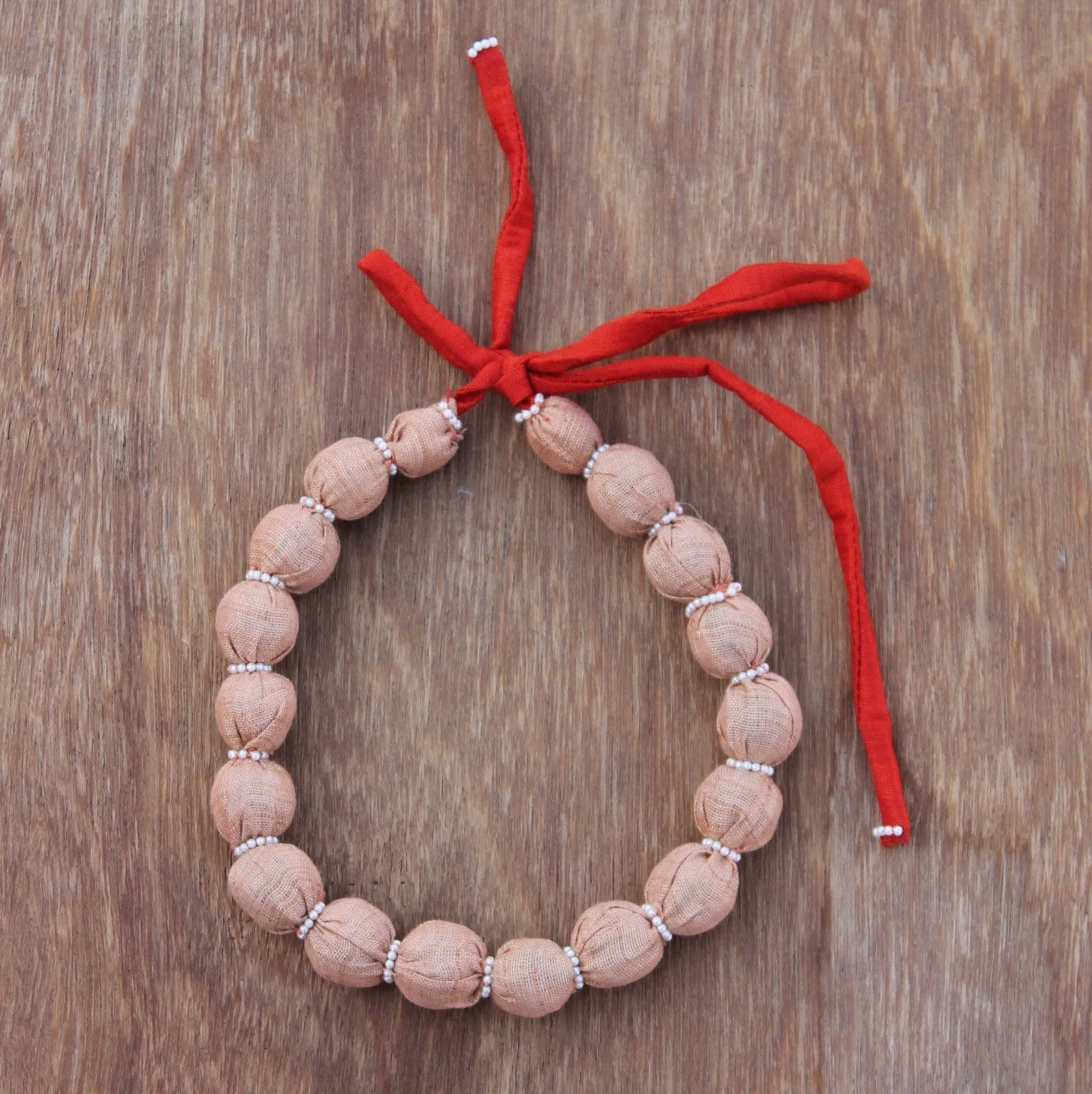 Peach bead upcycled textile dhara necklace