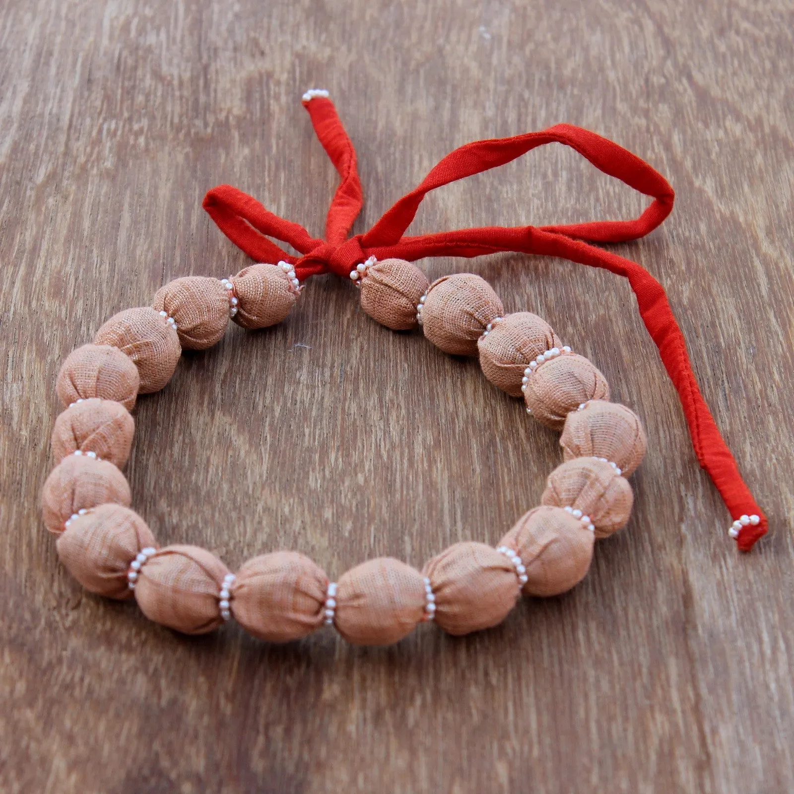 Peach bead upcycled textile dhara necklace