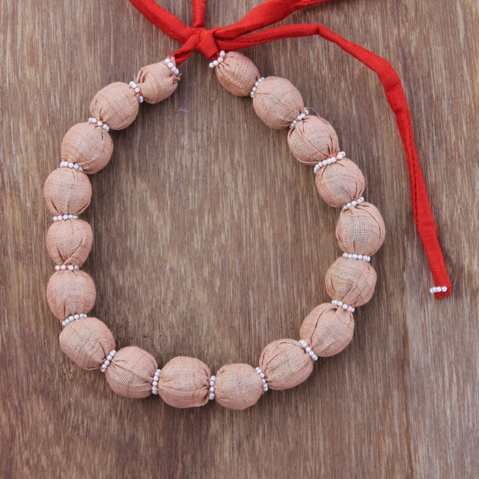 Peach bead upcycled textile dhara necklace