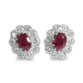 Platinum Oval Cut Ruby & Brilliant Diamond Cluster Stud Earrings