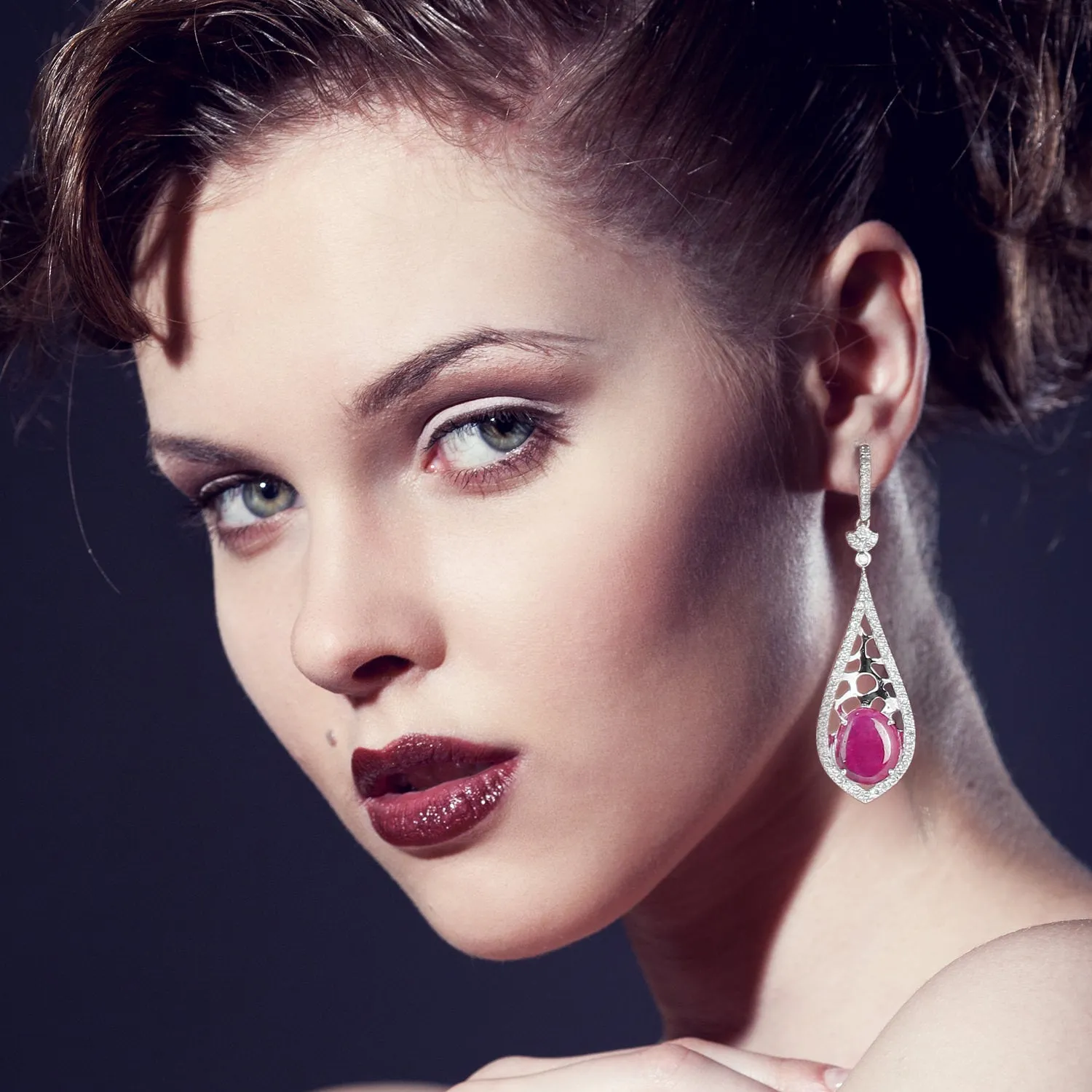 Red Slice Ruby Pave Diamond Teardrop Dangler Earrings In 18K White Gold For Valentine Gifts