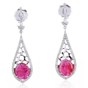 Red Slice Ruby Pave Diamond Teardrop Dangler Earrings In 18K White Gold For Valentine Gifts