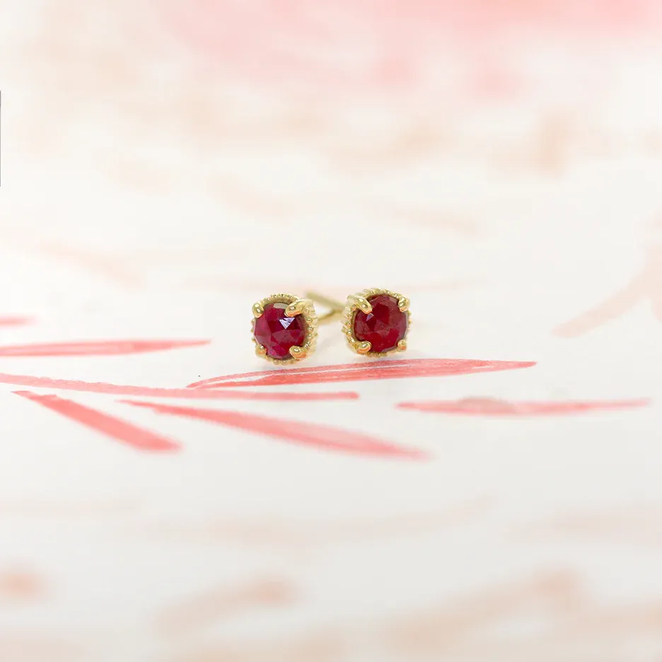 Ribbed Rose Cut Mercury Studs - Ruby