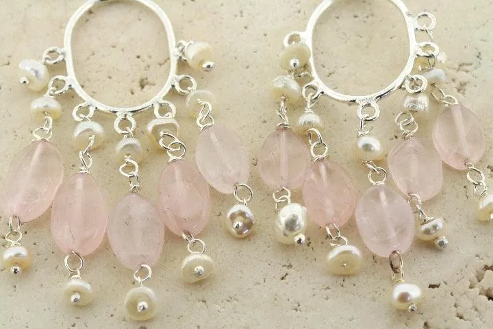 Rose quartz & pearl hoop earrings - sterling silver
