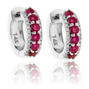 Round Ruby & Diamond Lined Hoop Earrings