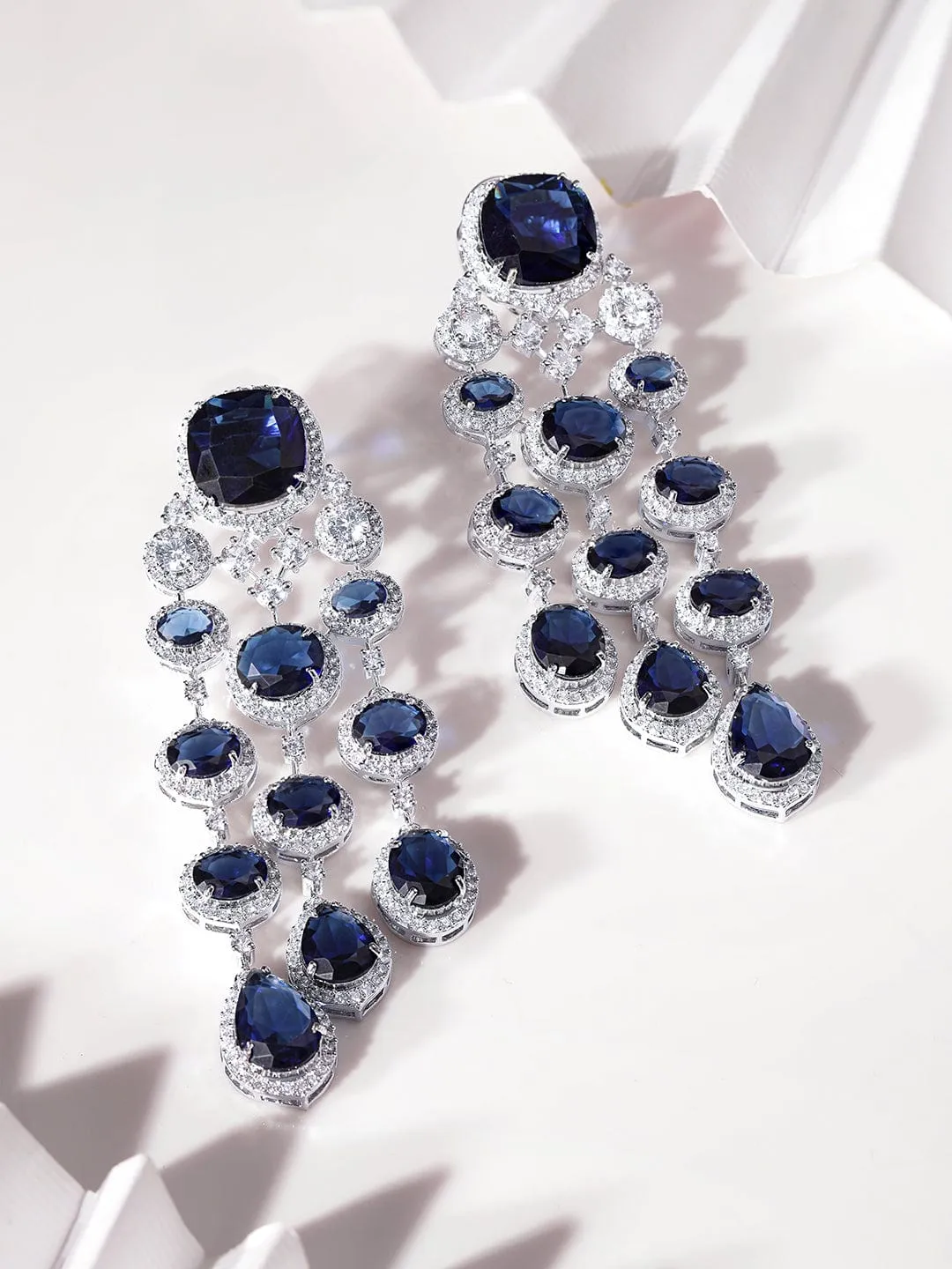 Rubans High finish Rhodium plated AAA Cubic Zirconia studded Sapphire Blue Luxury Chandelier Earring