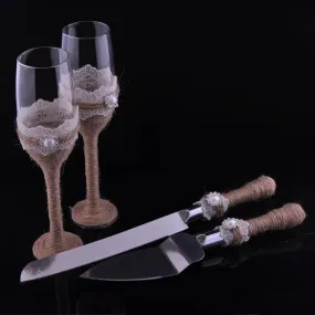 Shabby Chic Wedding Flutes and Server Set-Bridal Glasses