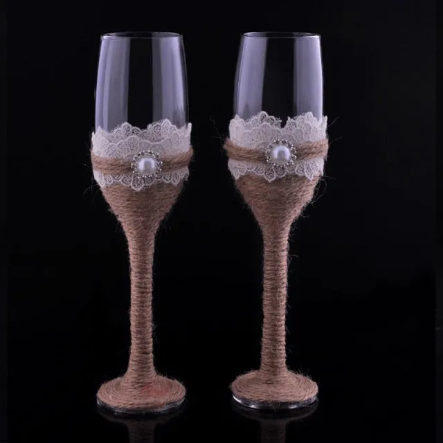 Shabby Chic Wedding Flutes and Server Set-Bridal Glasses