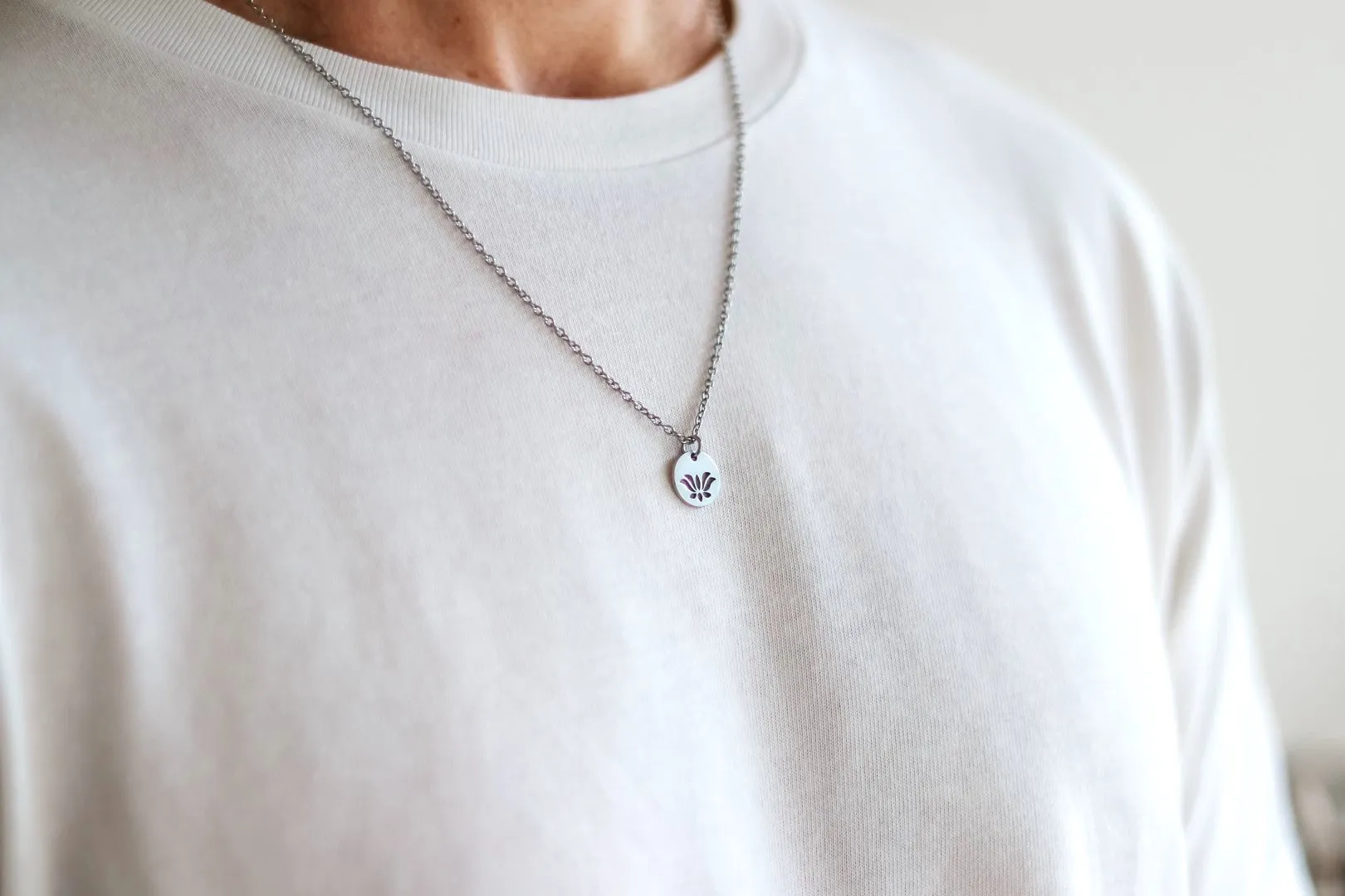 Silver Lotus necklace for men, stainless steel chain necklace, waterproof