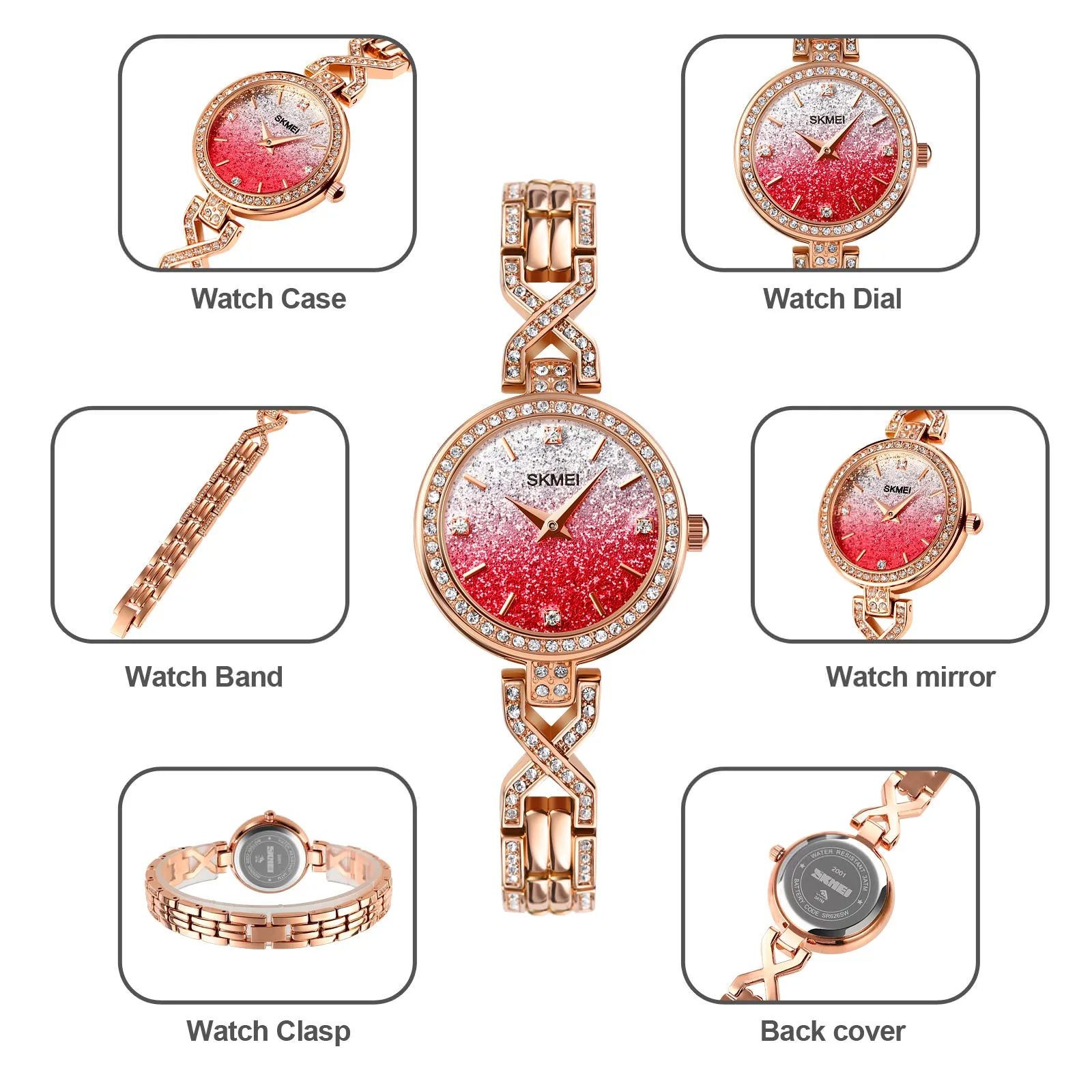 SKMEI 2001 Romantic Ultra-thin Wristwatch Rhinestones Bracelet for Women
