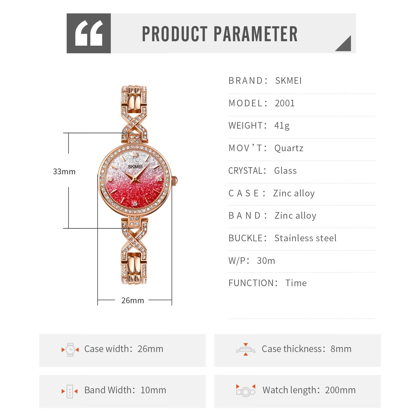 SKMEI 2001 Romantic Ultra-thin Wristwatch Rhinestones Bracelet for Women