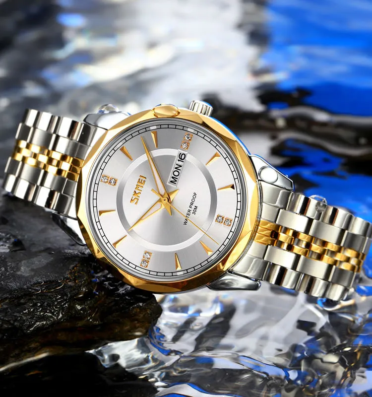 SKMEI 9268 Luxury Day Date Watch for Men w/ Diamond Cut Bezel