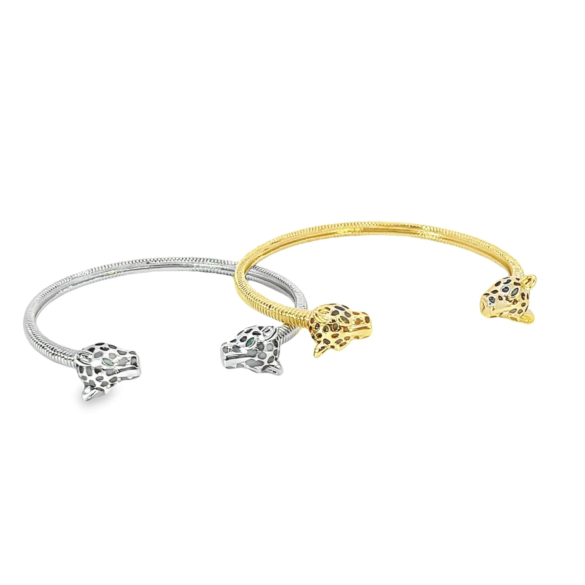 Smooth CZ Paved Leopard Heads Coil Style Bangle Bracelet (B129)