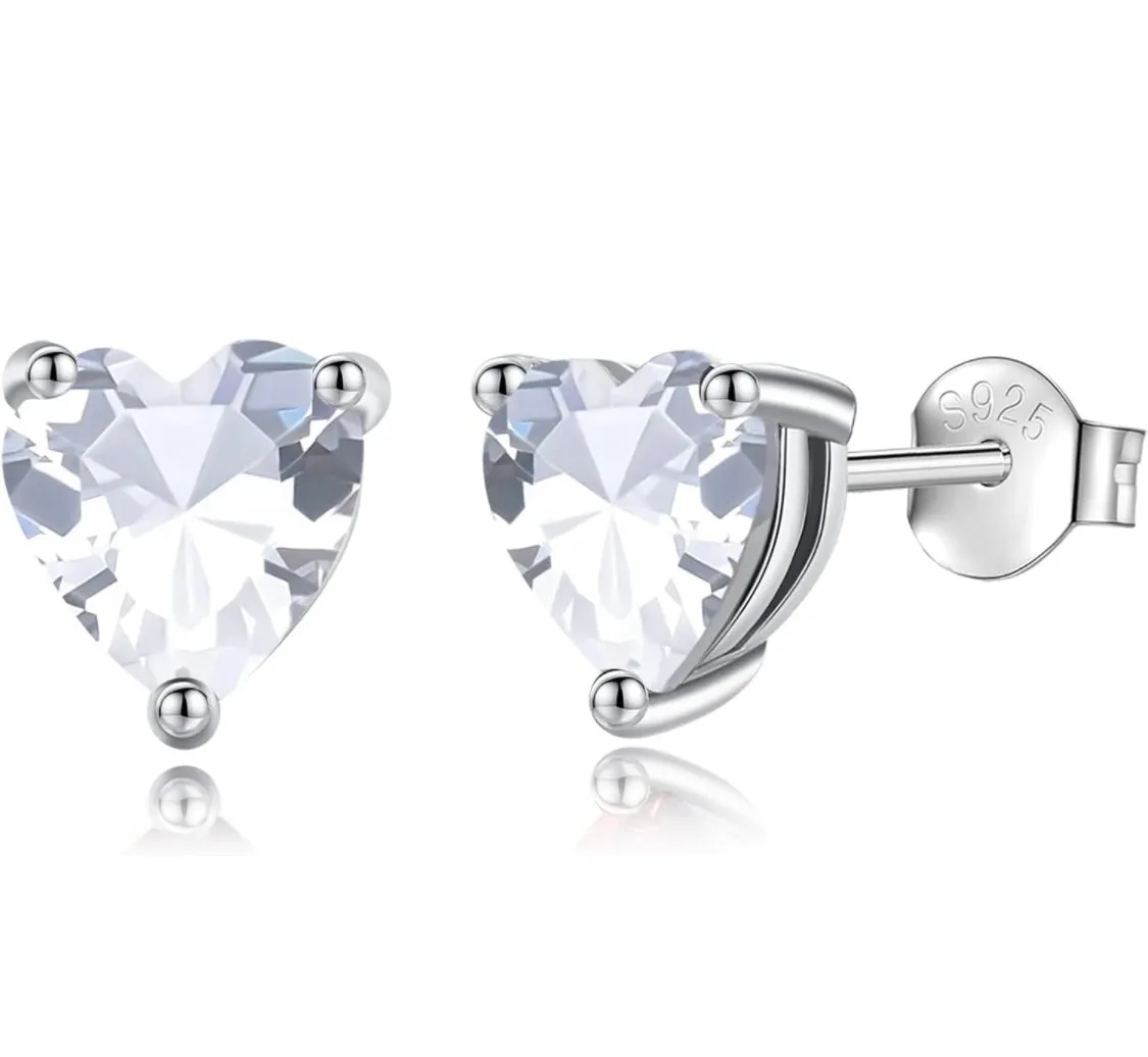 Solid Sterling Silver Created Gemstone Heart Stud Earrings - 8 Colors