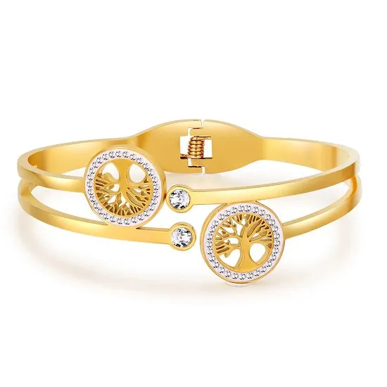 Tree of Life  Gold Plated Open Cuff Bangle Bracelet with Lab Diamonds For Women