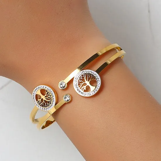 Tree of Life  Gold Plated Open Cuff Bangle Bracelet with Lab Diamonds For Women