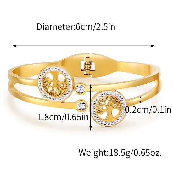 Tree of Life  Gold Plated Open Cuff Bangle Bracelet with Lab Diamonds For Women
