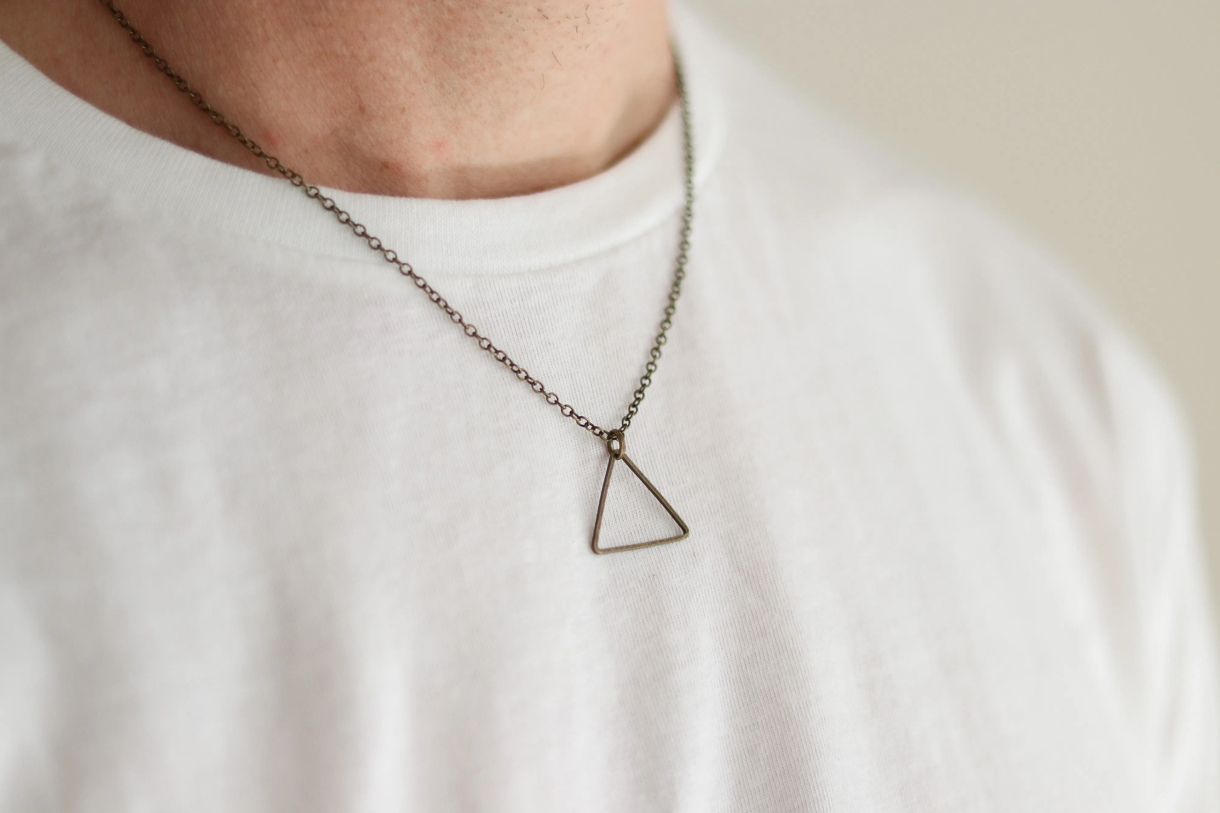 Triangle necklace for men, bronze chain and pendant, geometric jewelry, gift for him
