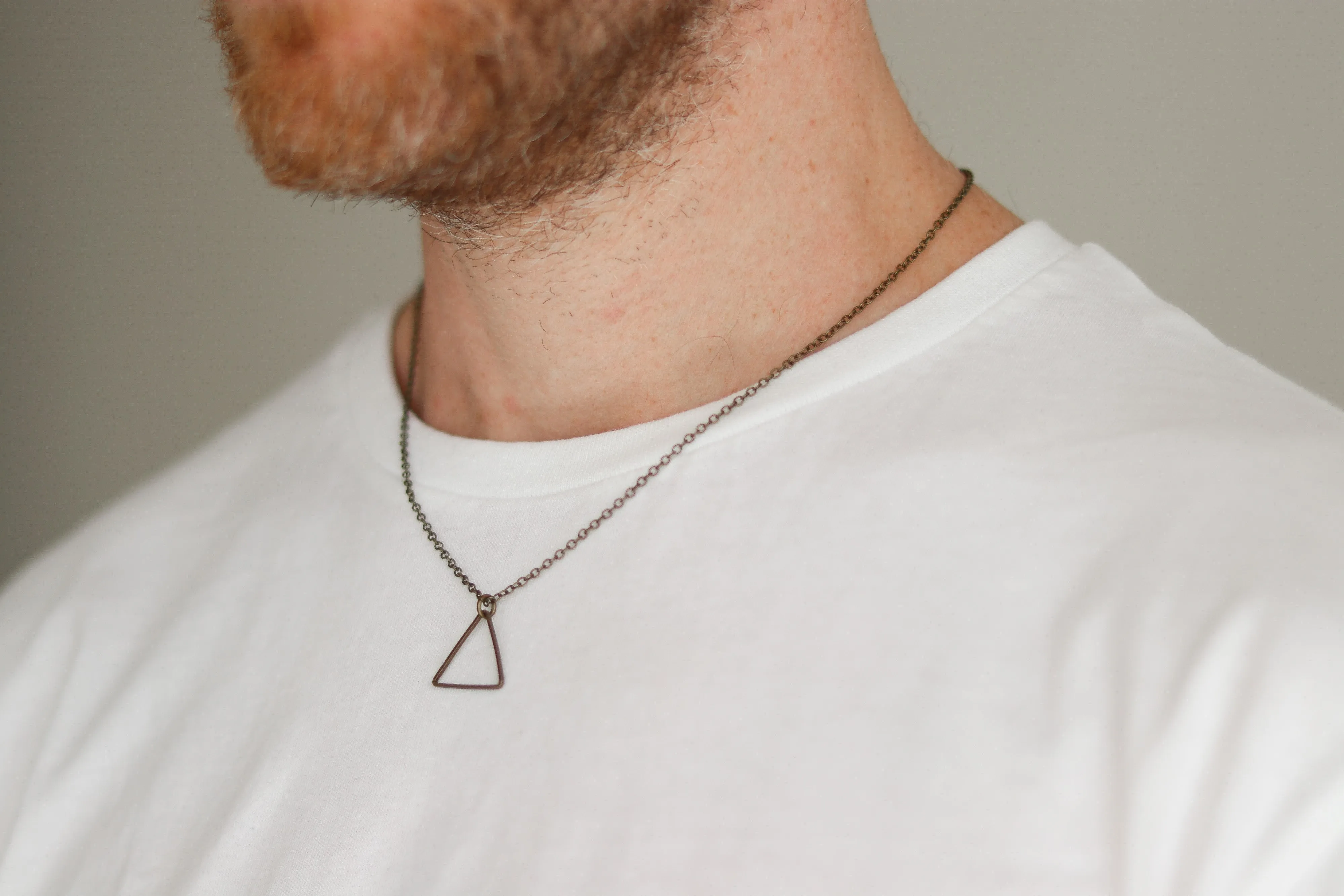 Triangle necklace for men, bronze chain and pendant, geometric jewelry, gift for him