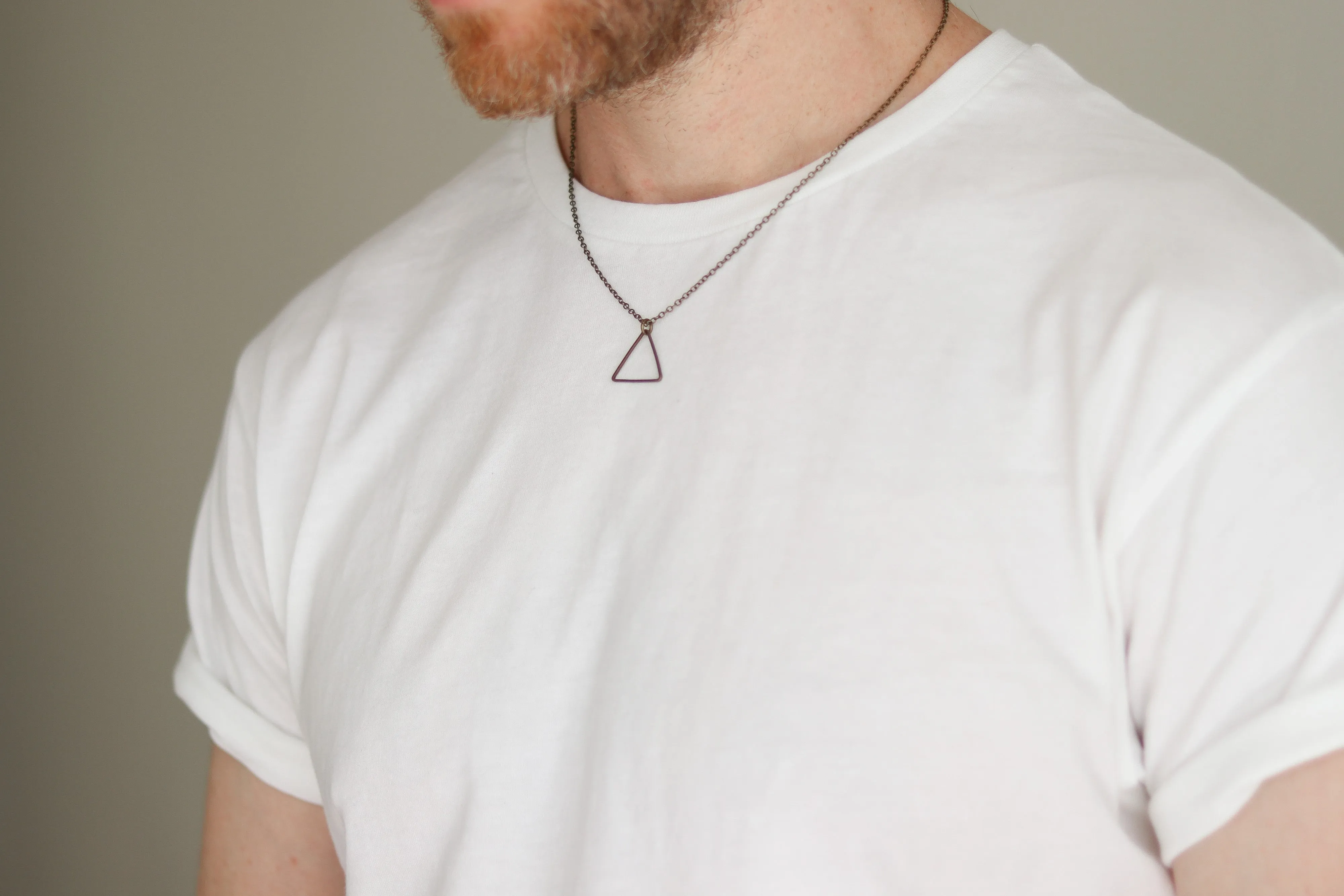Triangle necklace for men, bronze chain and pendant, geometric jewelry, gift for him