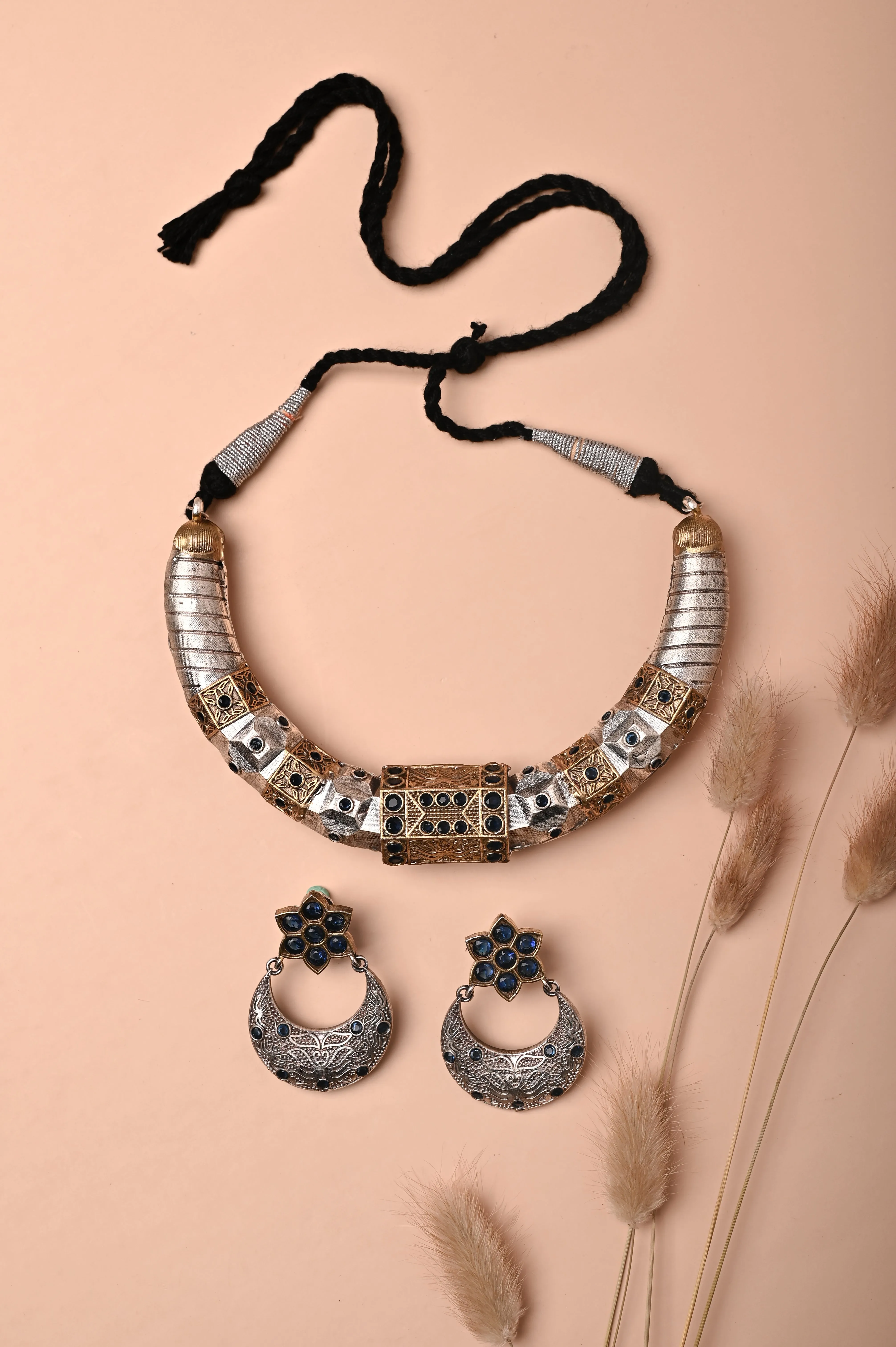 Tribal Boho Silver and Golden Metal Infused Choker Necklace Set