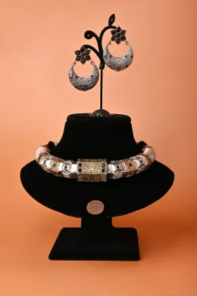 Tribal Boho Silver and Golden Metal Infused Choker Necklace Set