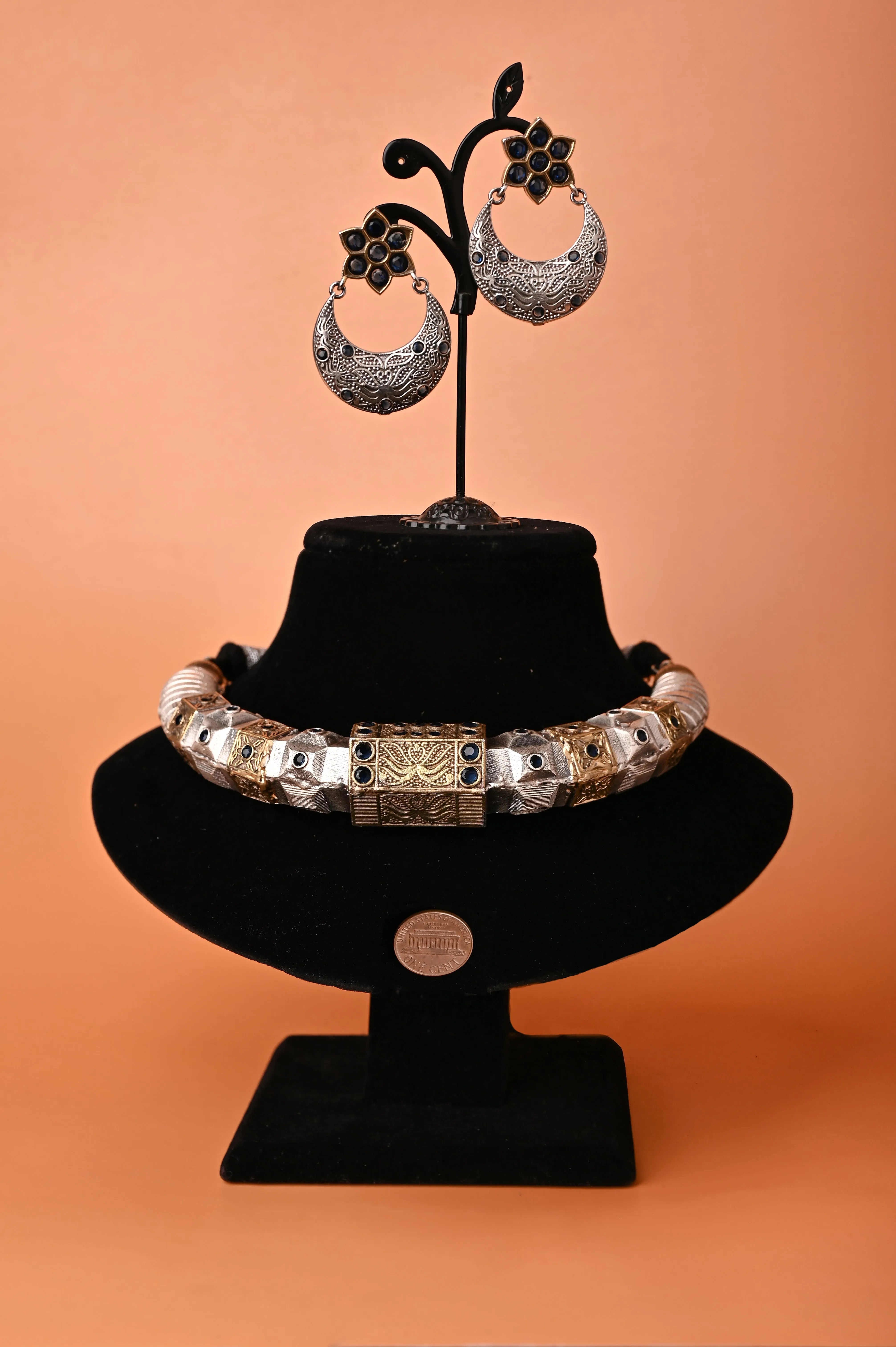 Tribal Boho Silver and Golden Metal Infused Choker Necklace Set