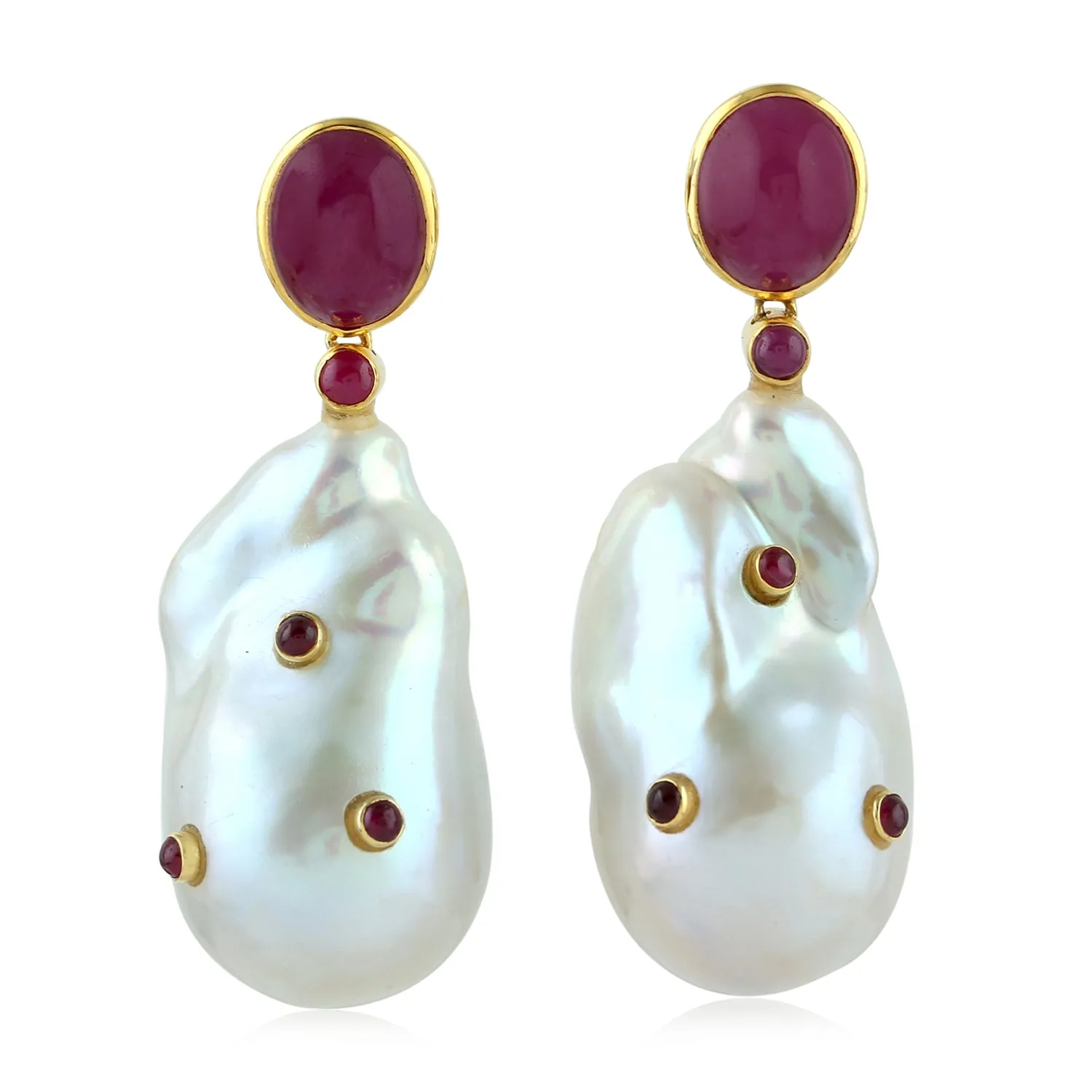 Tumble Pearl Chiness Bezel Set Ruby Gemstone Danglers June Birthstone 18K Gold Jewelry