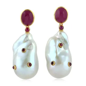 Tumble Pearl Chiness Bezel Set Ruby Gemstone Danglers June Birthstone 18K Gold Jewelry