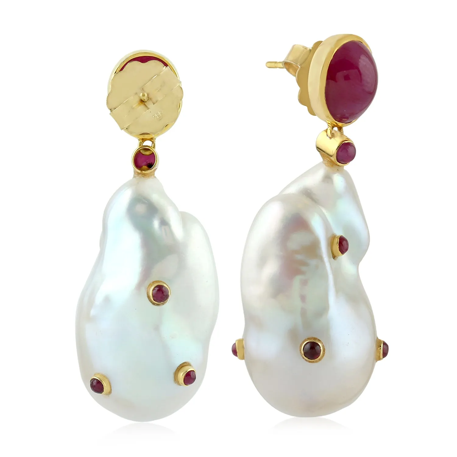 Tumble Pearl Chiness Bezel Set Ruby Gemstone Danglers June Birthstone 18K Gold Jewelry