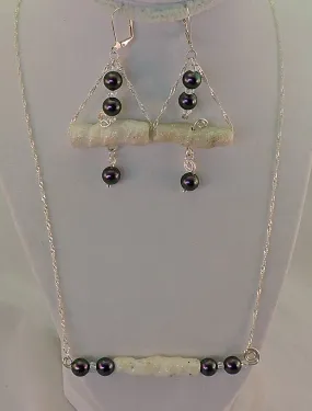 Twisted Clay Bugle Beads and Swarovski Irridescent Purple Pearl Necklace and Dangle Earring Set