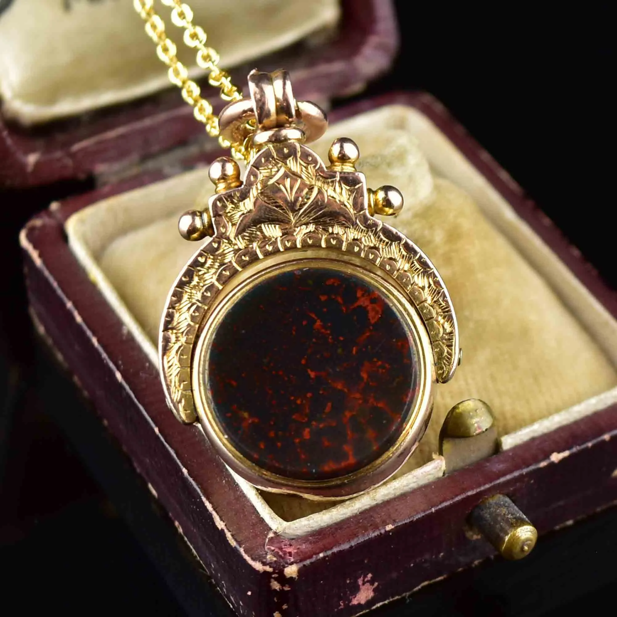 Vintage Gold Bloodstone Carnelian Spinner Watch Fob Necklace