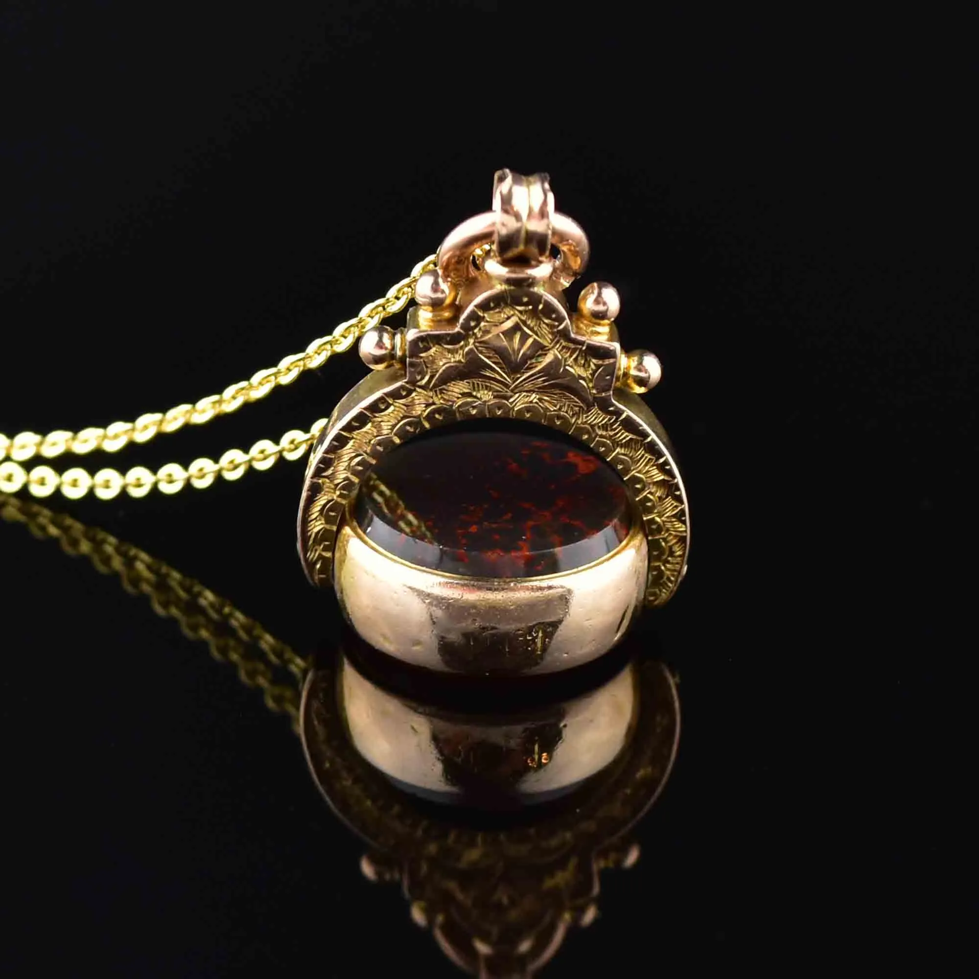 Vintage Gold Bloodstone Carnelian Spinner Watch Fob Necklace