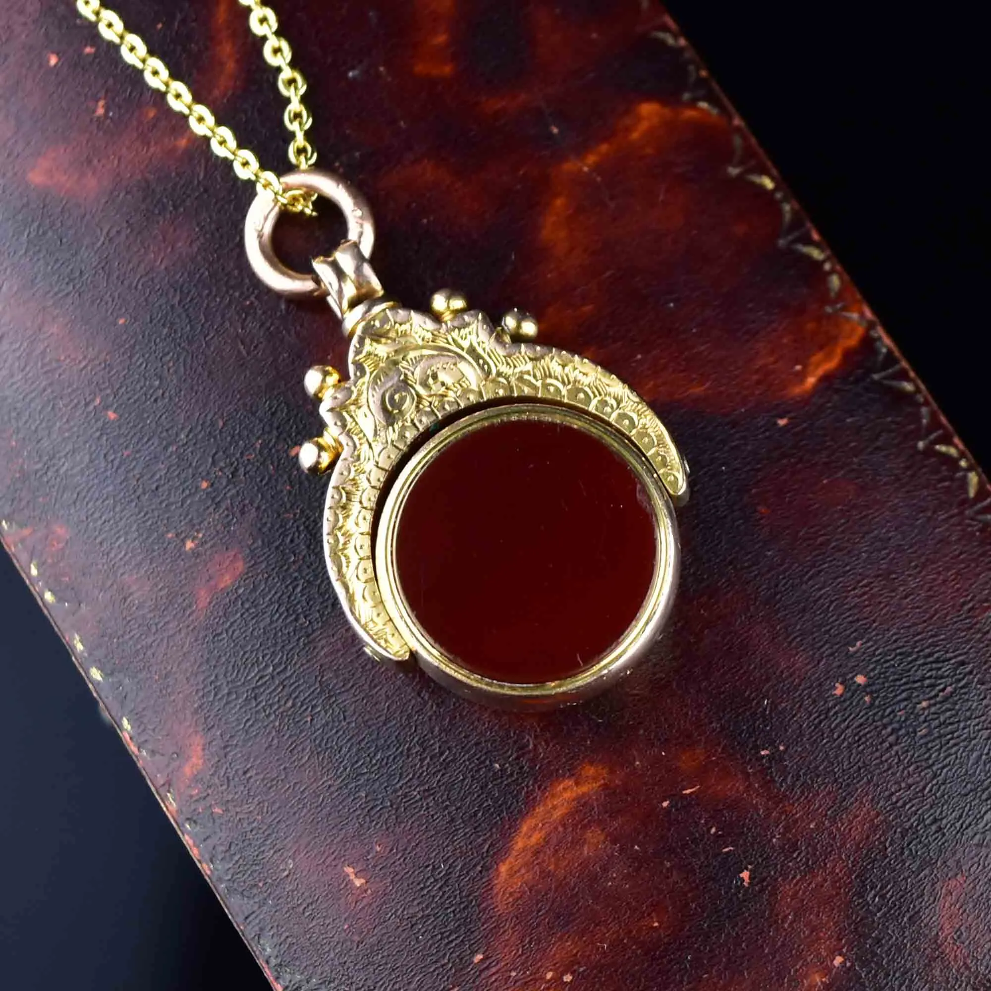 Vintage Gold Bloodstone Carnelian Spinner Watch Fob Necklace