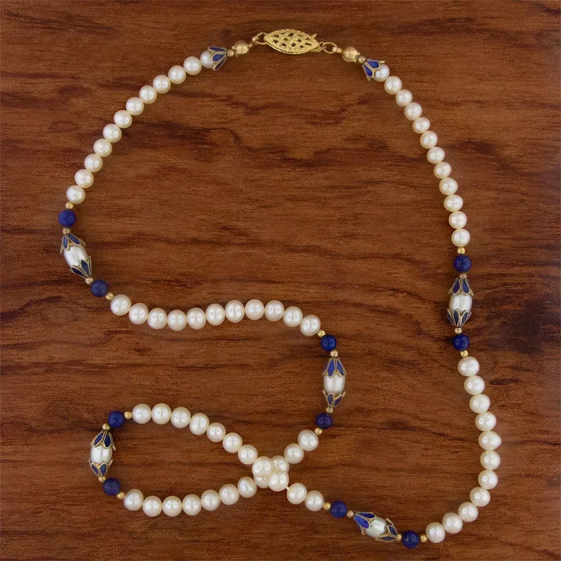 VINTAGE Pearl & Cloisonné Bead Necklace