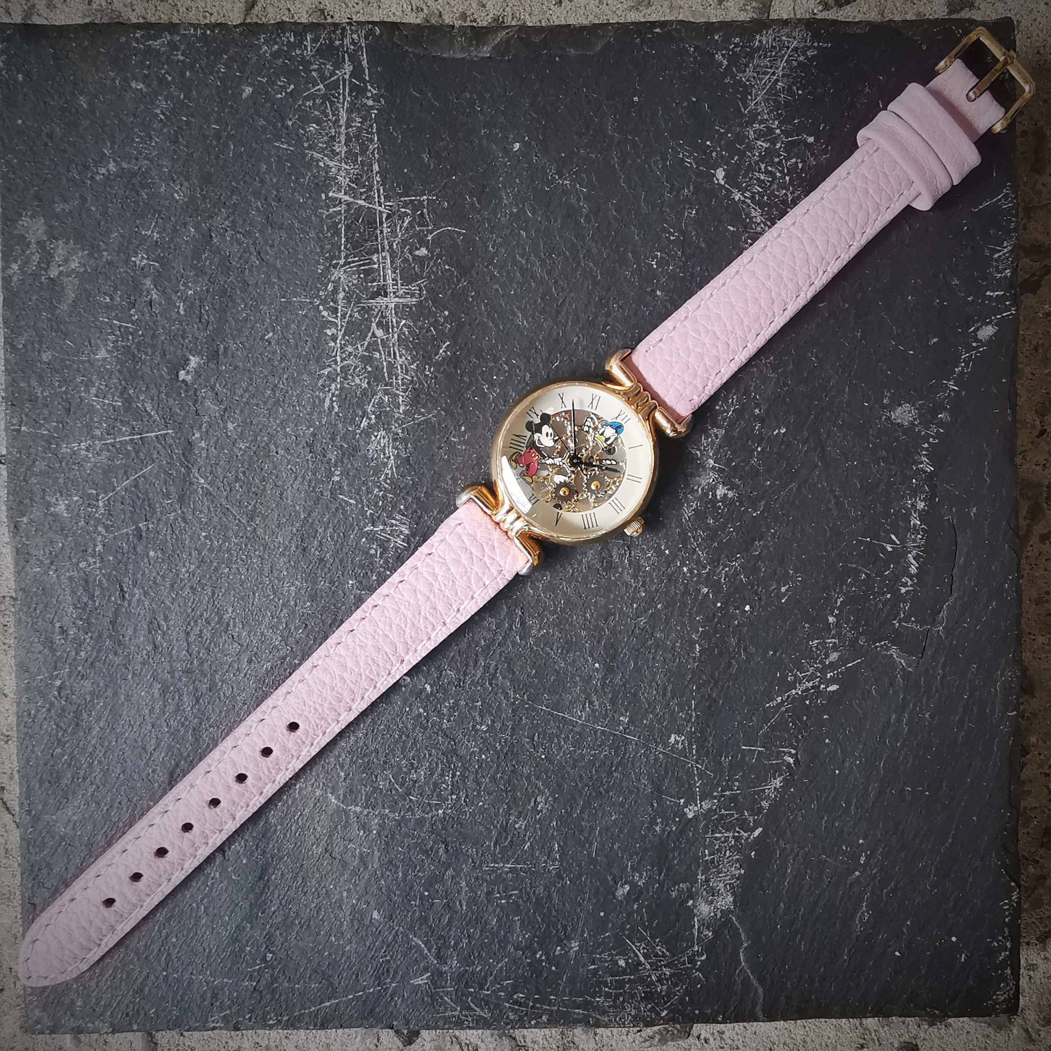 Vintage Women's Disney Gold Plated Quartz Watch // With Miki Mouse And Donald Duck Watch Face Design