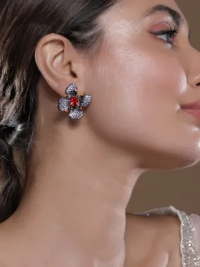 Voguish Rhodium-Plated Lavender, Orange & Ruby AD & Cubic Zirconia Studded Floral Stud Earrings