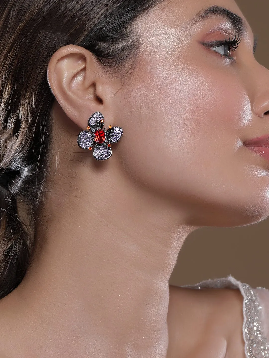 Voguish Rhodium-Plated Lavender, Orange & Ruby AD & Cubic Zirconia Studded Floral Stud Earrings