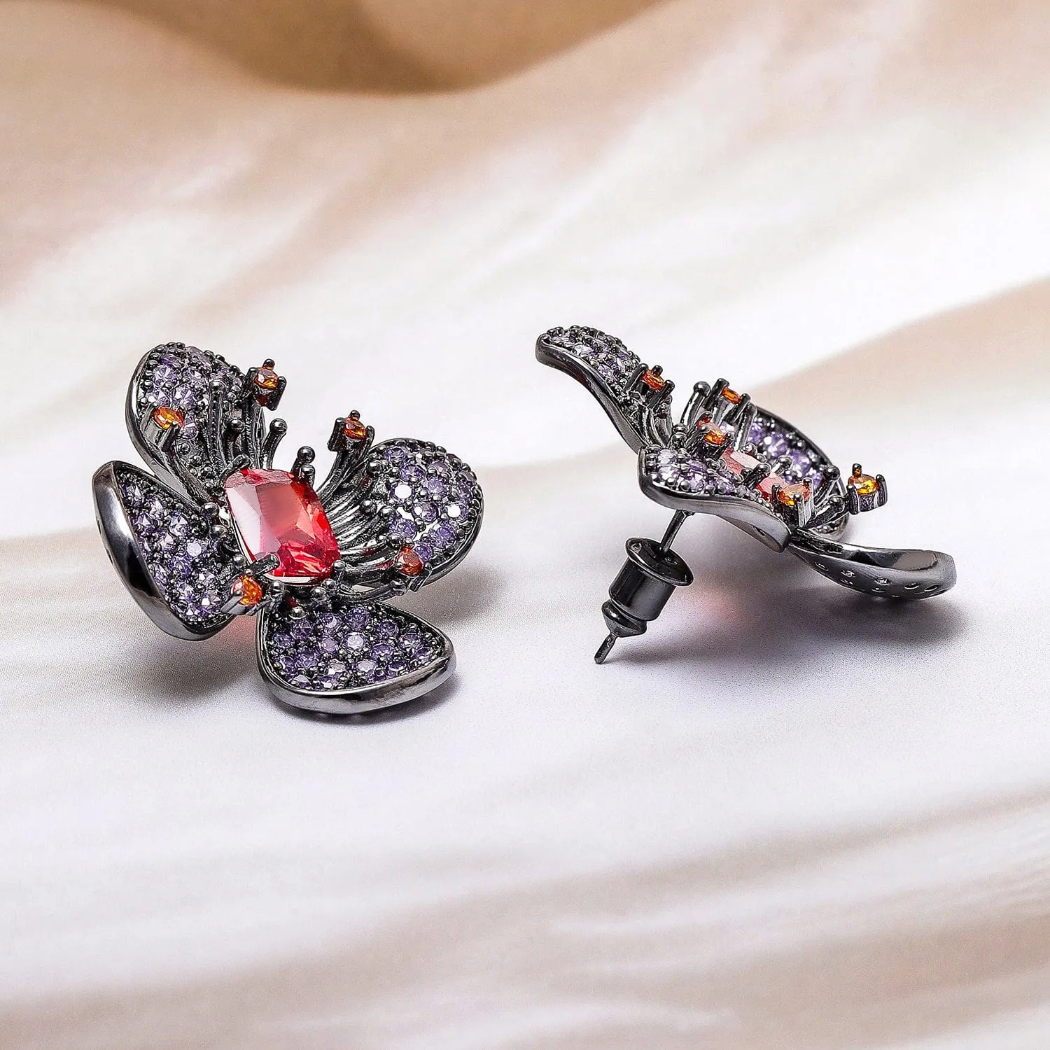 Voguish Rhodium-Plated Lavender, Orange & Ruby AD & Cubic Zirconia Studded Floral Stud Earrings
