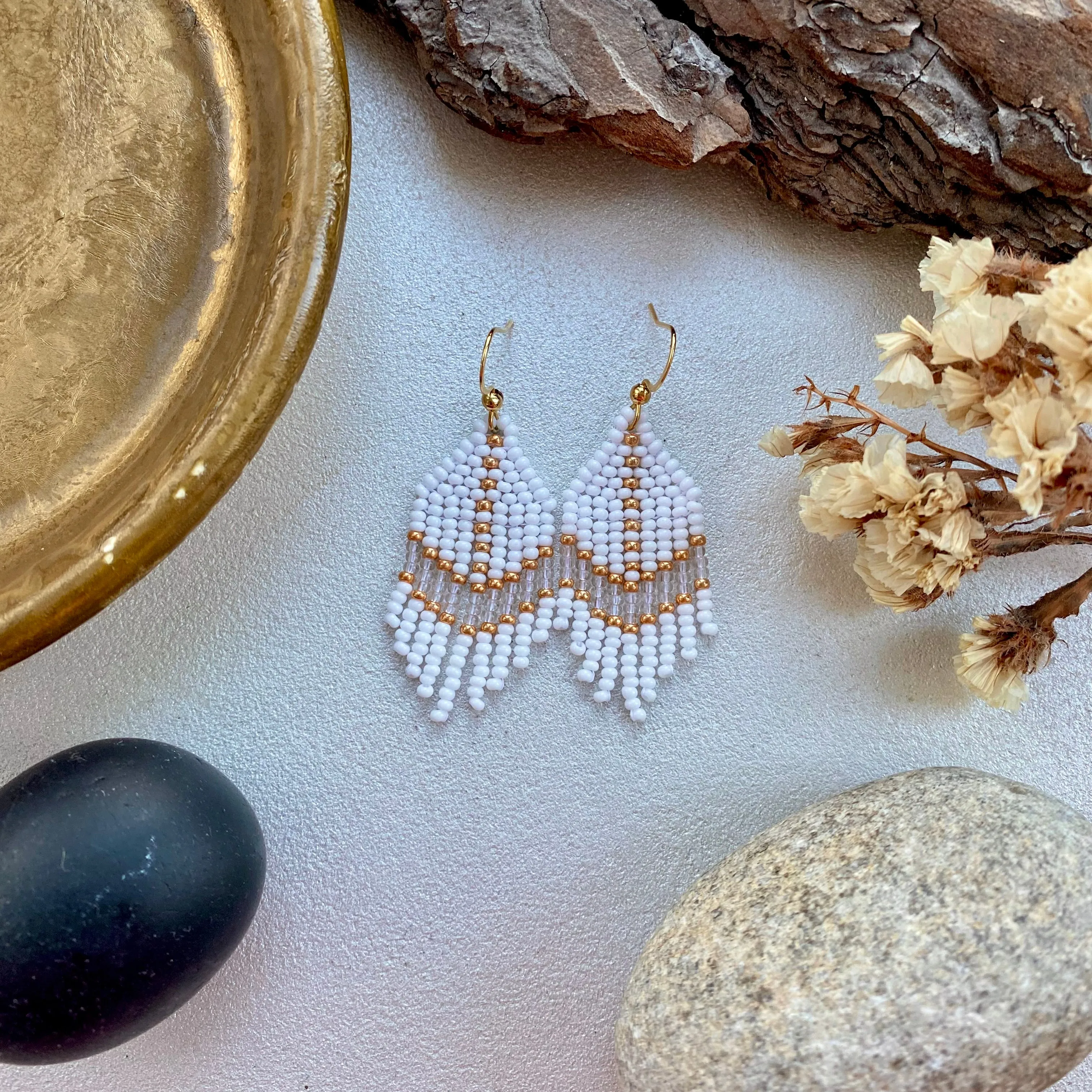 White Gold Seed Bead Earrings, Small Fringe Chandelier earrings for Women