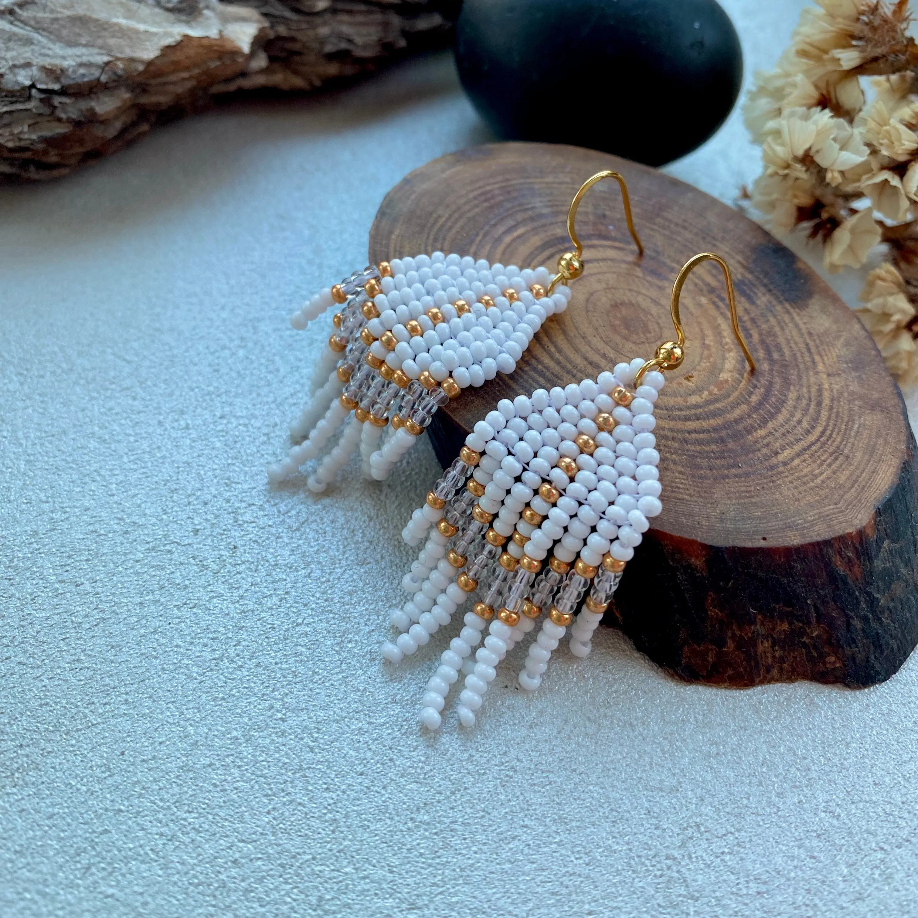 White Gold Seed Bead Earrings, Small Fringe Chandelier earrings for Women