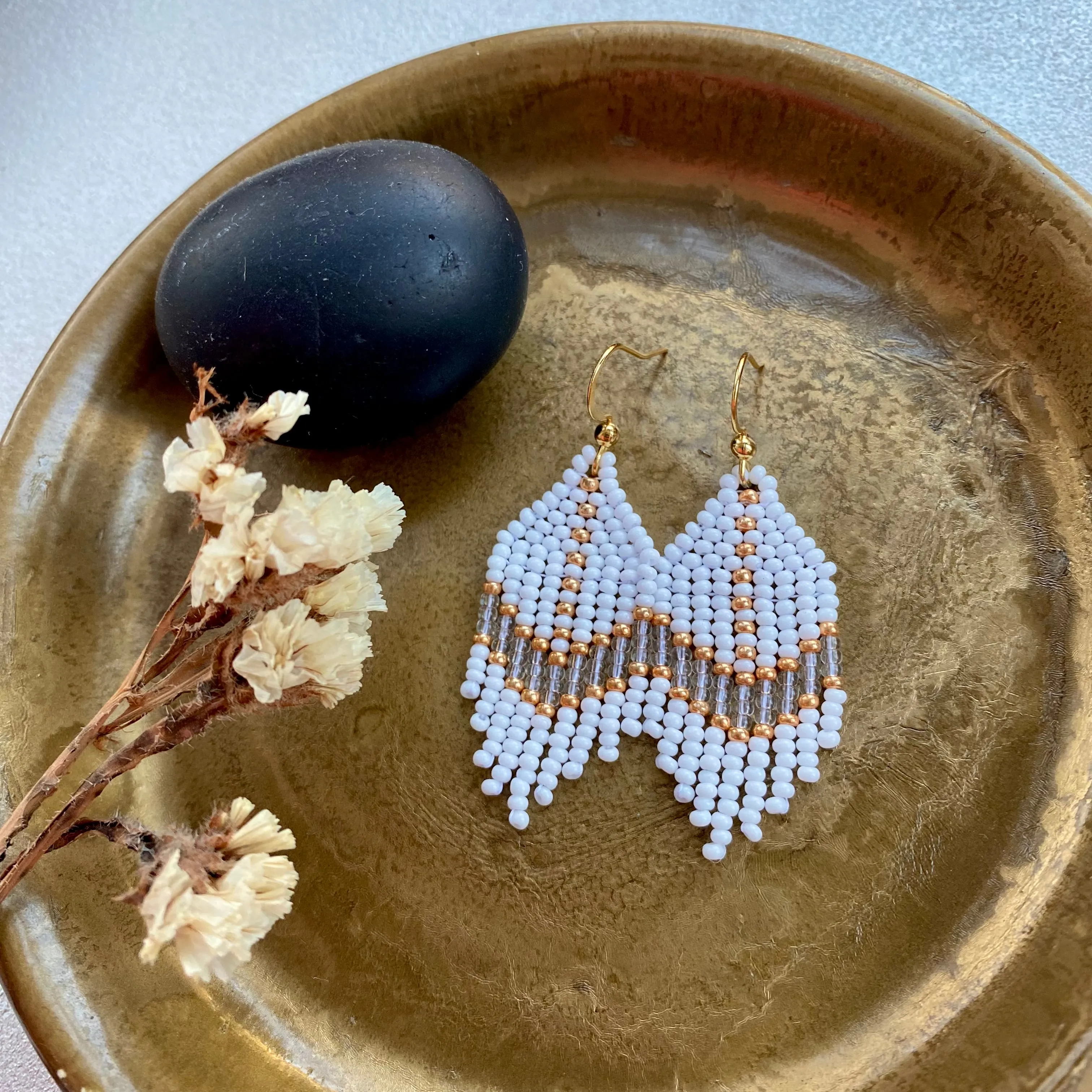 White Gold Seed Bead Earrings, Small Fringe Chandelier earrings for Women